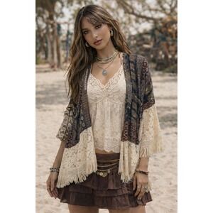 Orange Creek Size Sm Cardigan Kimono Open Front Lace Fringe Long Sleeve Women's